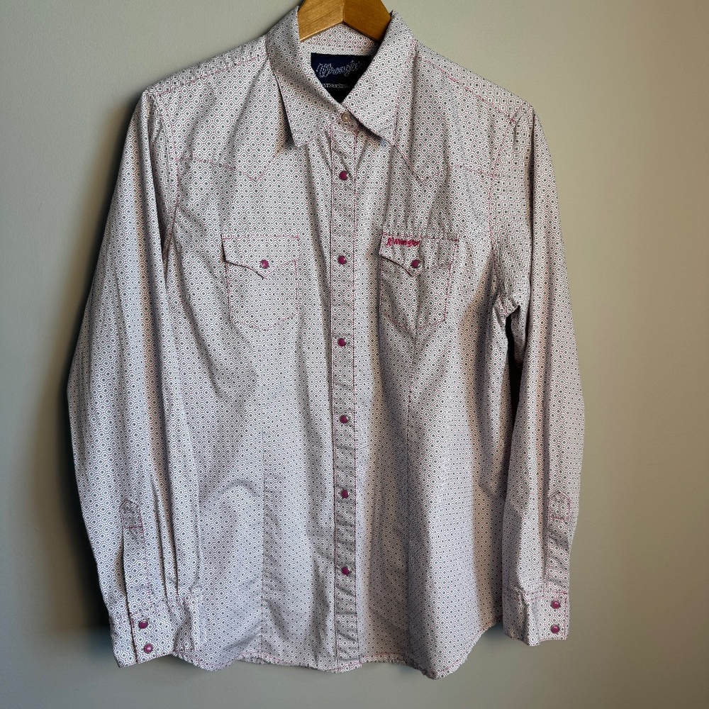 Wrangler Western Shirts Women's Pink Pearl Snap Shirt Allover Geometric‎ Size XL